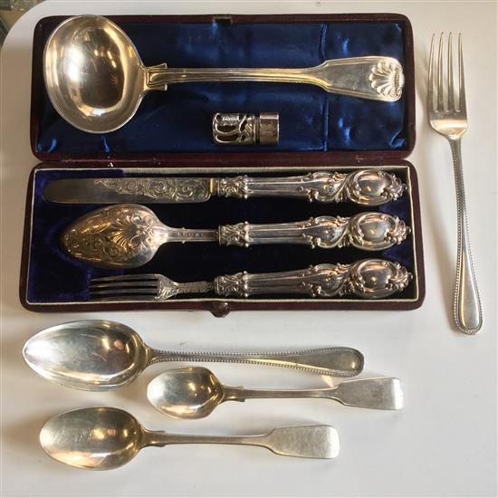 Victorian 3 piece silver christening set, 5 items of silver flatware incl. WIV sauce ladle & a white metal and glass scent bottle